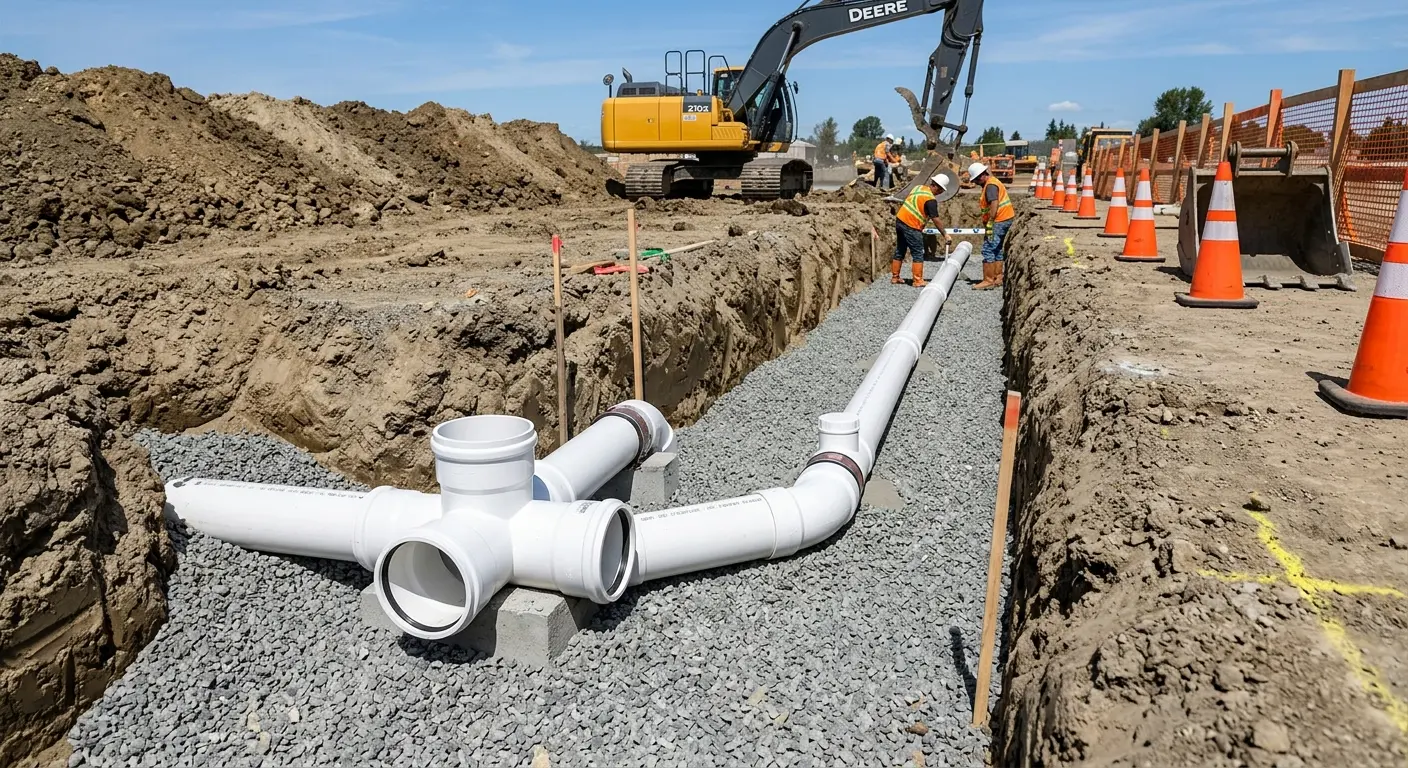 New PVC sewer pipe installation in open trench for Grease Trap Cleaning in East Foothills