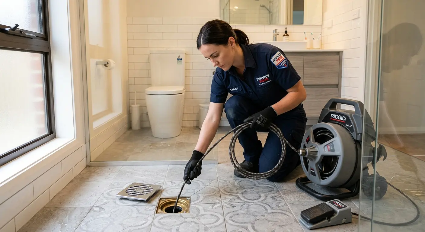Technician clearing a bathroom floor drain for Sewer Line Replacement in East Foothills